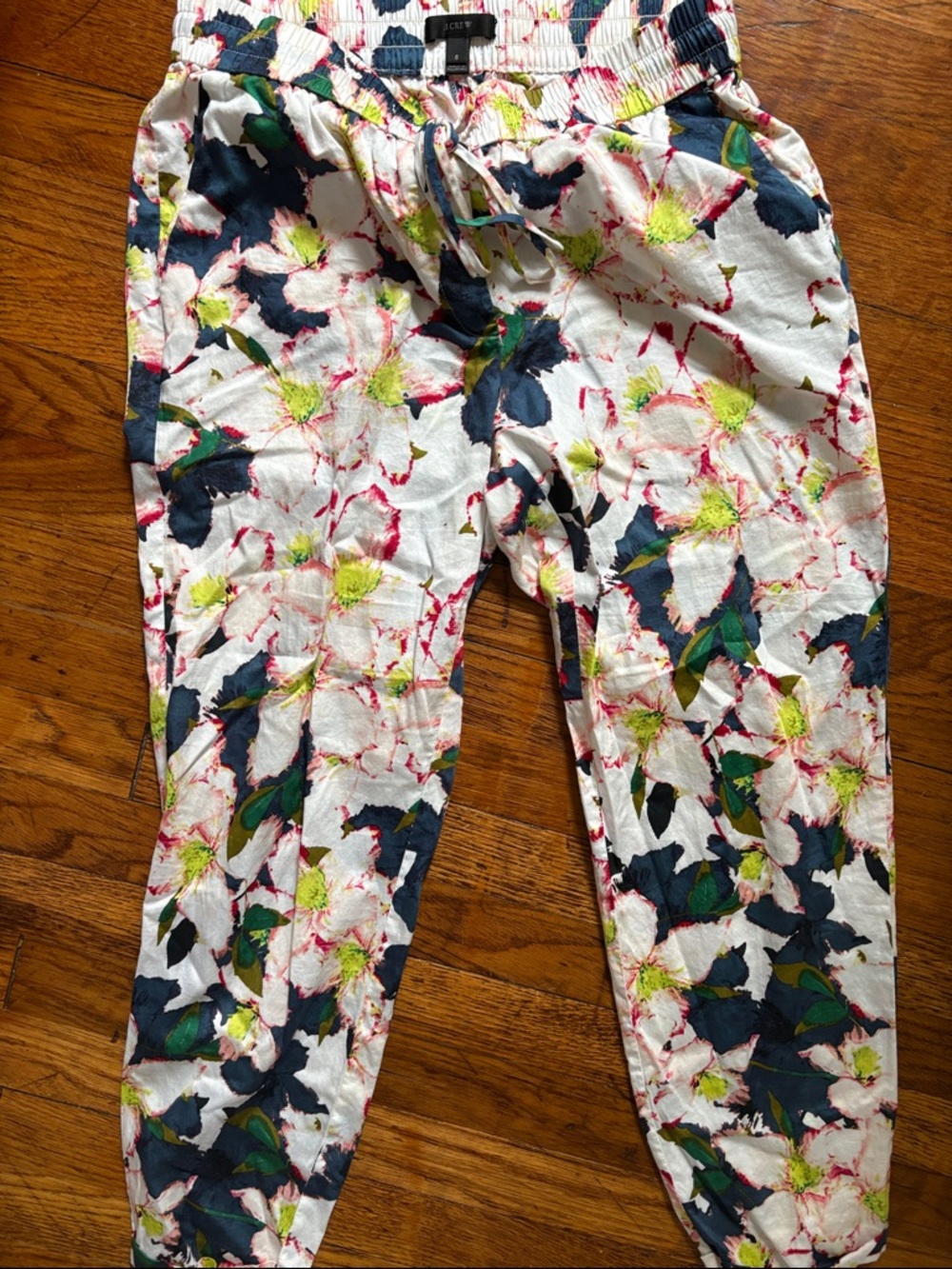 J. Crew White Floral Drawstring Joggers with Navy & Green Accents